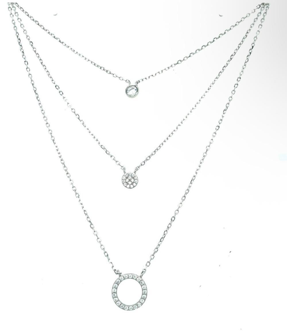 Three Layered Sterling Silver 925 Rhinestone Necklace Dainty Made in Turkey